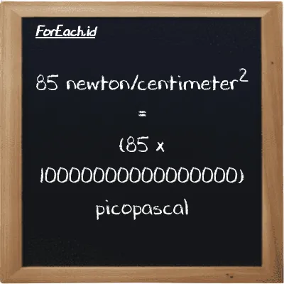 How to convert newton/centimeter<sup>2</sup> to picopascal: 85 newton/centimeter<sup>2</sup> (N/cm<sup>2</sup>) is equivalent to 85 times 10000000000000000 picopascal (pPa)